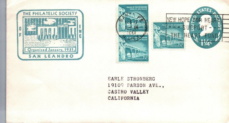 1¼c STATIONERY ENVELOPE UPRATED WITH 3 1¼c SANTA FE' COIL STAMPS SANTA FE CANCEL 