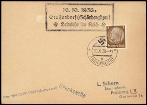 3rd Reich Germany Greifendorf Sudetenland Annexation Provisional Cover G67072