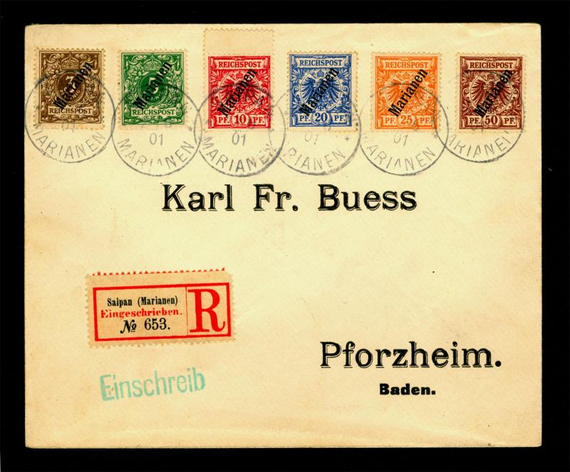 German Colonies MARIANA ISLANDS 1901 REG. COVER complete SURCHARGED set Sc#11-16