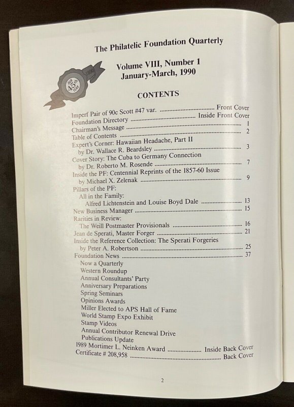 The Philatelic Foundation Quarterly 4 Issues Jan-March 1990 through Autumn 1990 