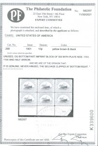 U.S. #299 MINT PL# SINGLE WITH PF CERT OG NH
