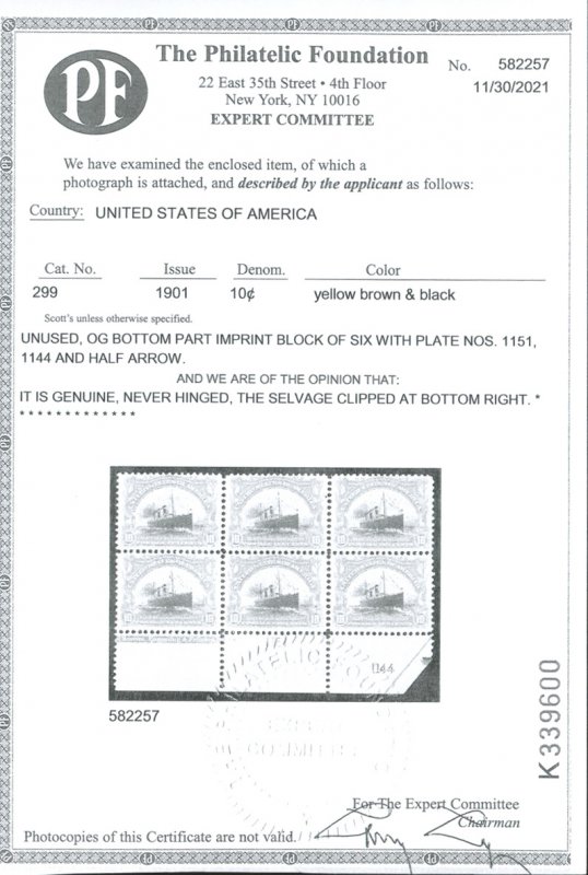 U.S. #299 MINT PL# SINGLE WITH PF CERT OG NH