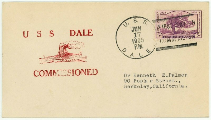 USS Dale 1935 First Day in Commission Onboard Postmark Cover Cachet USA