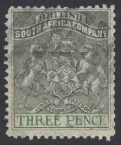 Rhodesia Sc# 4 Used 1891 3p gray & green Coat of Arms