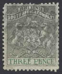 Rhodesia Sc# 4 Used 1891 3p gray & green Coat of Arms