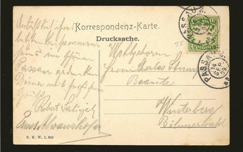 Bavaria 62 on PM 1909 Passau Postcard Used