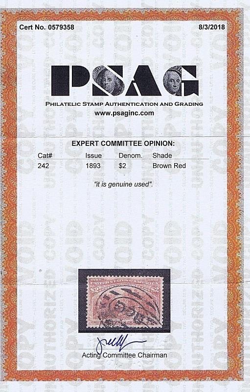   SC# 242 USED $2 COLUMBIAN, 1893, DOUBLE OVAL CANCEL, 2018 PSAG CERT