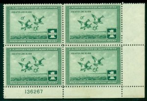 US #RW4, $1.00 Scaup Ducks, Plate No. Block of 4, og, NH