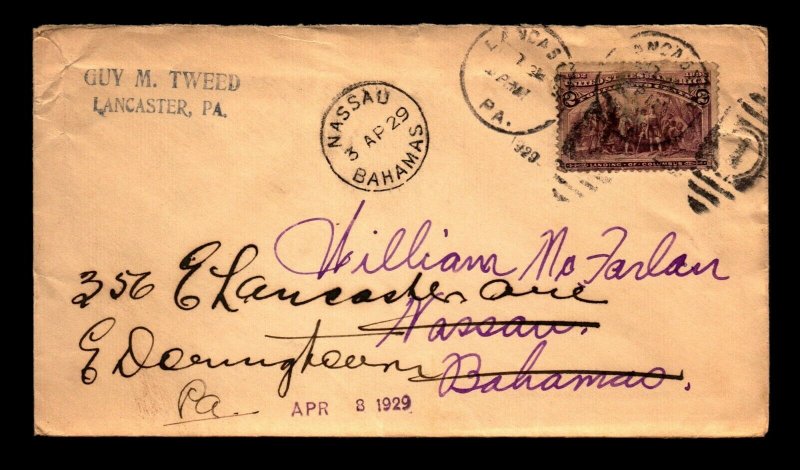 1929 Lancaster PA Cover Forwarded to Bahamas / Light Creasing - L27588