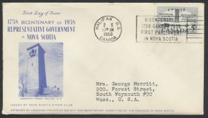 1958 #382 1st Elected Assembly FDC Nova Scotia Stamp Club Cachet Halifax Slogan