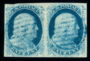 MOMEN: US STAMPS #9 PAIR BLUE GRID CANCEL USED VF LOT #70651