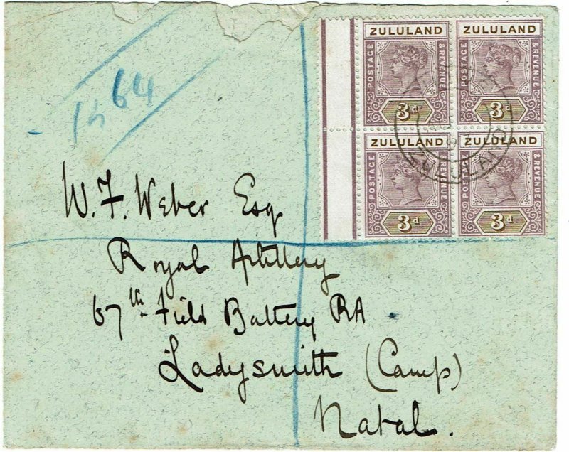 Zululand 1897 registered cover to Ladysmith, Natal, block of 4 SG 23