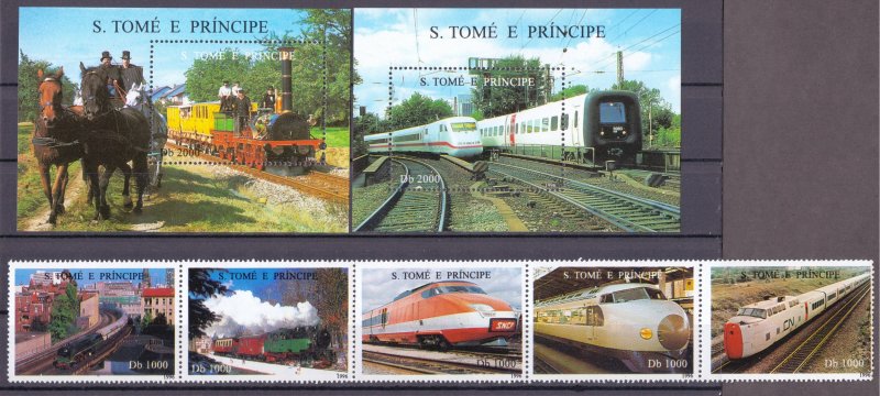 Sao Tome and Principe. 1996. 1687-91 bl353-354. Railway. MNH.