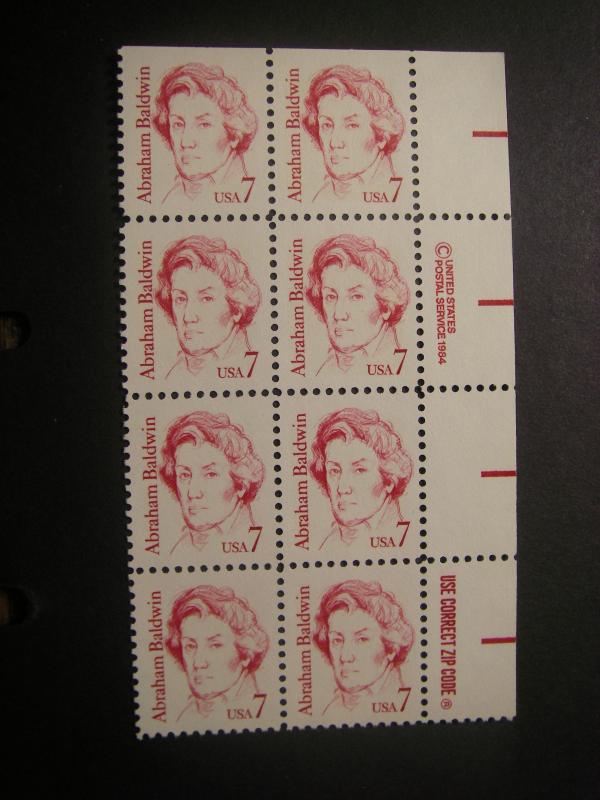 Scott 1850, 7c Abraham Baldwin, Zip & Copy Block of 8 RM, MNH Great Americans