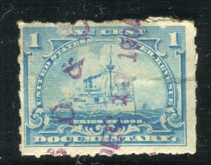 USA; 1890s early classic Battleship Revenue issue used 1c. value