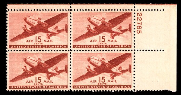 US #C28 Plate Block, VF/XF  mint never hinged, 15c Transport, post office fre...