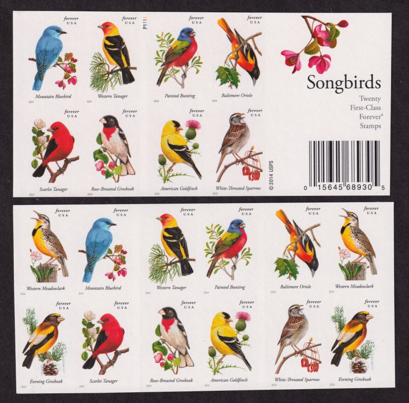 2014 Songbirds Sc 4891d MNH IMPERF booklet pane of 20 plate number P1111