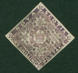 SG 8 Nova Scotia 1851-60. 1/- purple. Very fine used. Good colour. 4 margins...