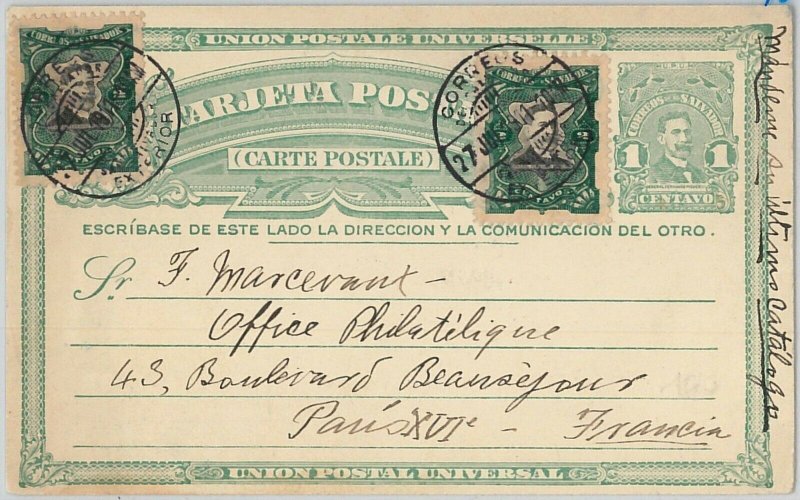 51086 -  EL SALVADOR -  POSTAL HISTORY - POSTAL STATIONERY CARD  to FRANCE  1911