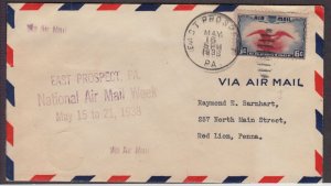 1938 National Air Mail Week, East Prospect Pennsylvania PA with cachet NAMW 