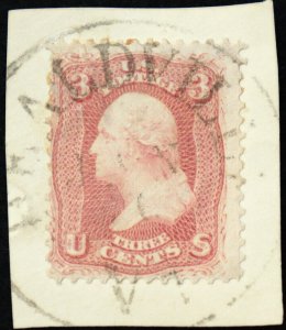 U.S. Used Stamp Scott # 65 3c Washington. Lovely VT Town Cancel (on piece)