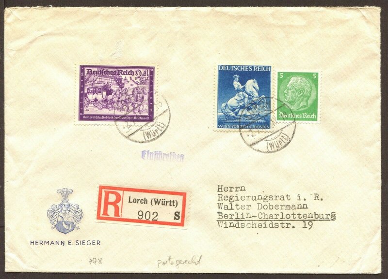 Germany Mi 515/771/778 Registered Express Mail Cover German Postal Workers 1941