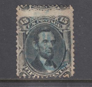 US Sc 77 used. 1866 15c black Lincoln, vertical crease, horizontal misperf