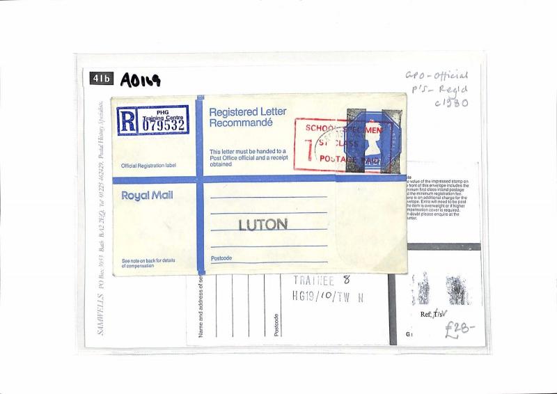 GB GPO TRAINING Registered Letter *SCHOOL SPECIMEN* Stationery Cover 1980s AD169