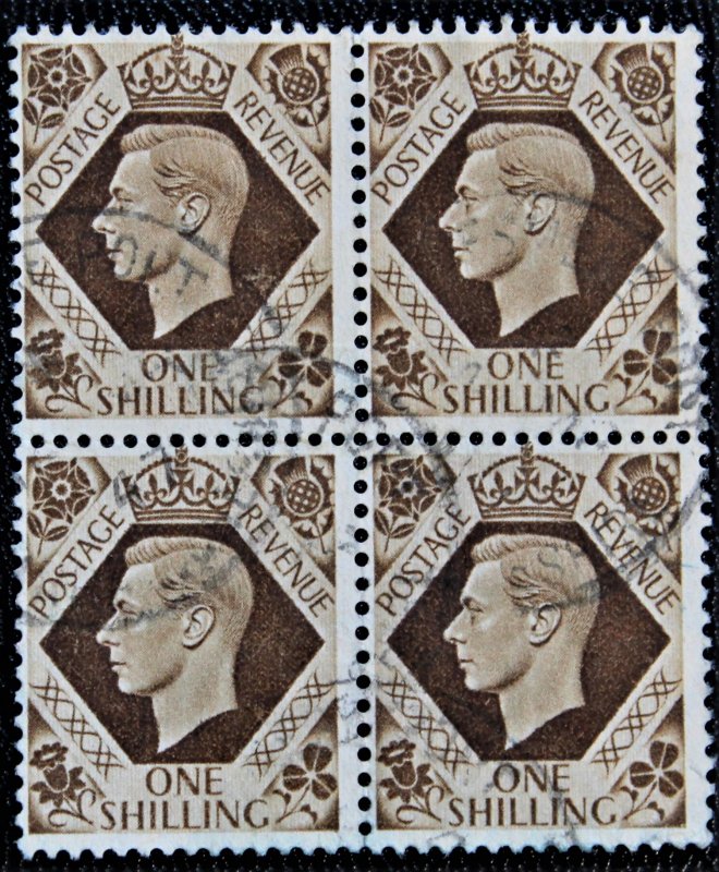 Great Britain #248,SG475 1 shilling Brown KGVI Block of 4 USED 1939