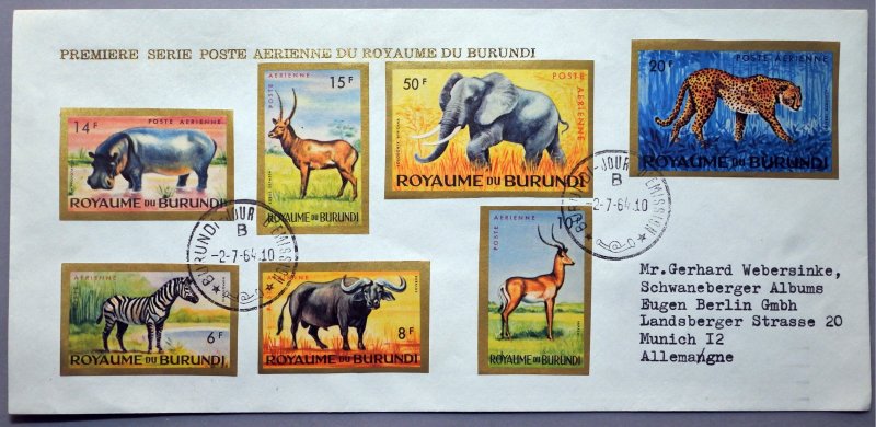 Burundi 1964 1st airmail set mailed to Germany elephant hippo cheetah