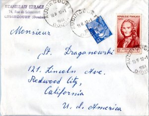 France 15f Marianne and 15F Rameau 1954 Audincourt, Doubs to Redwood City, Ca...
