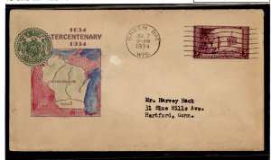 US 739 1934 3c Wisconsin Tercentenary on an addressed (typed) FDC hand-painted cachet by an unknown publisher