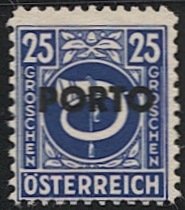 AUSTRIA 1946 AMG Postage Due  Sc J197  25g Mint NH VF, Post Horn, Print