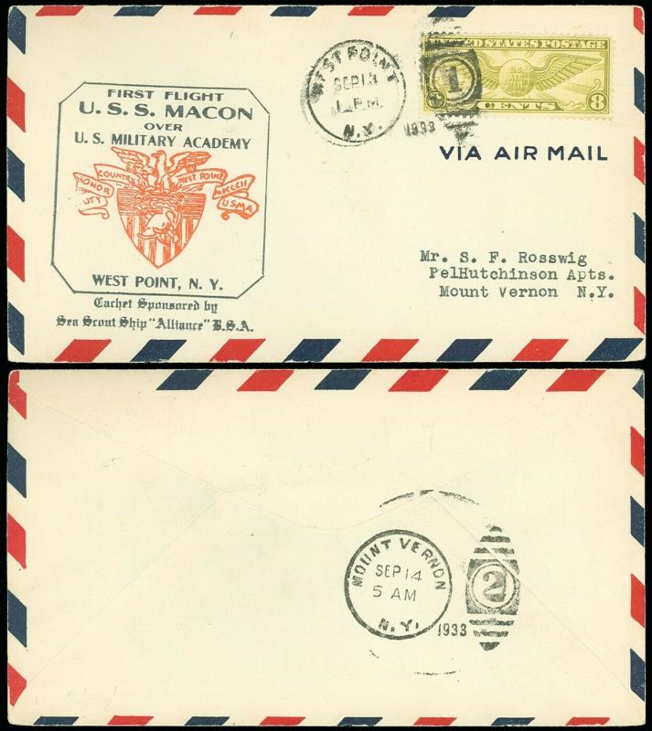 9/13/33 USS MACON OVER WEST POINT NY Cachet, West Point CDS, J. S. Cooke SSS BSA