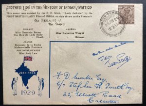 1929 Dum Dum India EARLY Airmail cover To Calcutta Joan Page Flown Smith Signed