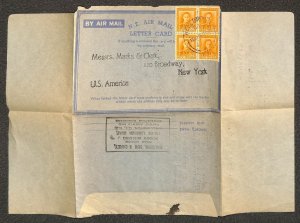 NEW ZEALAND 258 (x4) STAMPS AEROGRAMME MARKS & CLERK WELLINGTON TO USA 1948