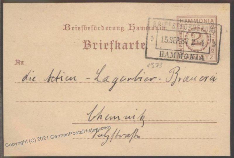 Germany 1887 CHEMNITZ Hammonia Local Private Stadtpost GS Postal Card Cov 102395