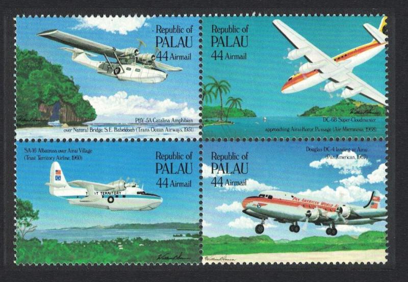 Palau 50th Anniversary of First Trans-Pacific Airmail Flight 4v Block of 4