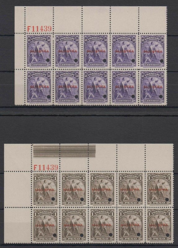 PARAGUAY 1943 COLUMBUS Sc 399-402 SET CRN MGNL PL# F11439 BLOCKSx10 SPECIMEN