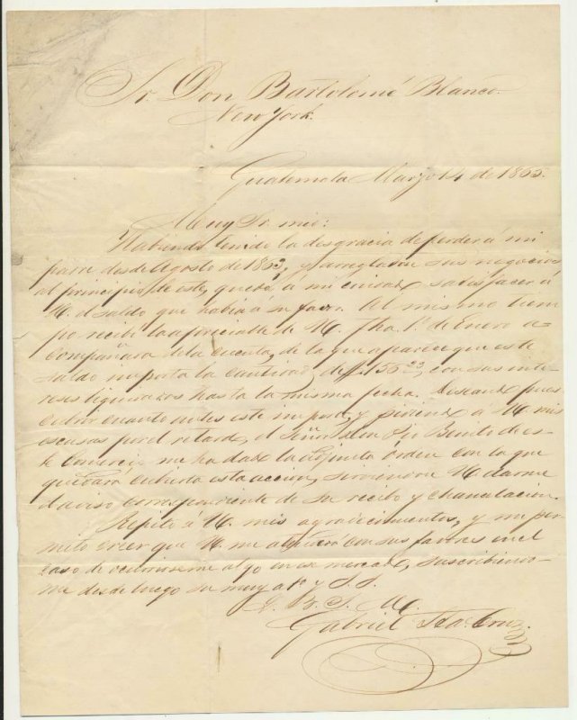 GUATAMALA 1865 LETTER, Sta CRUZ TO NEW YORK, 10 H/S, FRANCO, 