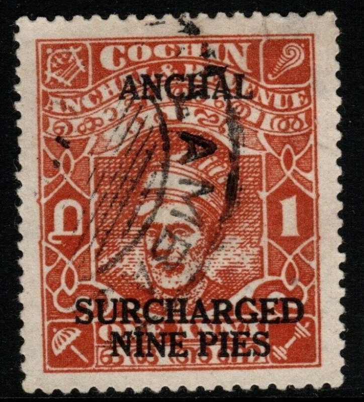 INDIA-COCHIN SG92b 1943 9p on 1a BROWN-ORANGE USED