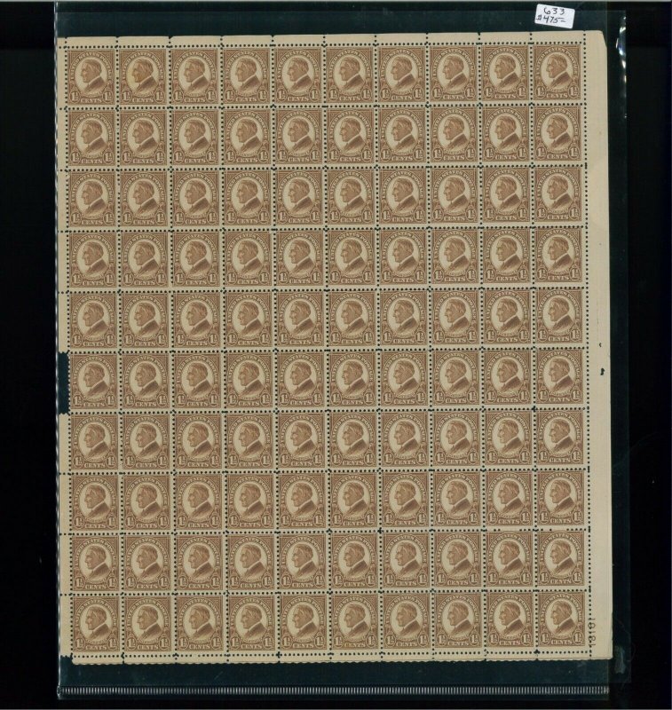 1927 United States Postage Stamp #633 Plate No. 19181 Mint Full Sheet