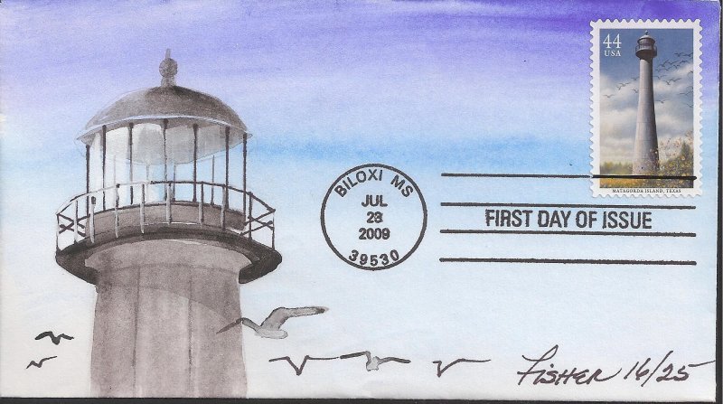 Set of 5 Fisher Hand Painted FDCs for the 2009 Gulf Coast Lighthouses Issue