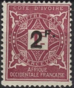Ivory Coast J17 (mh) 2fr on 1fr postage due, lilac rose (1914)