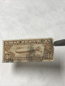 US 1930 C14 Brown $1.30 Graf Zeppelin Used Light Creases Neat Black Cancellation