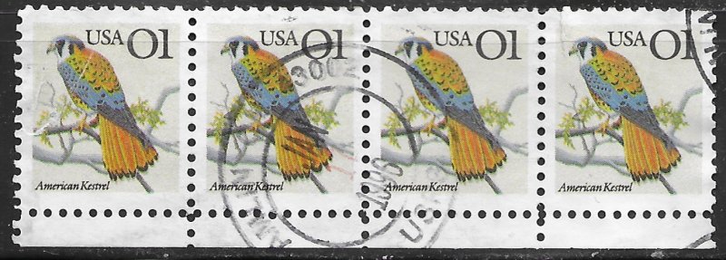 US #2476 used. Strip of 4. American Kestrel.  Birds