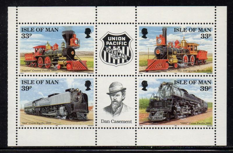 Isle of Man Sc 517b 1992 Union Pacific RR bk pane mint NH