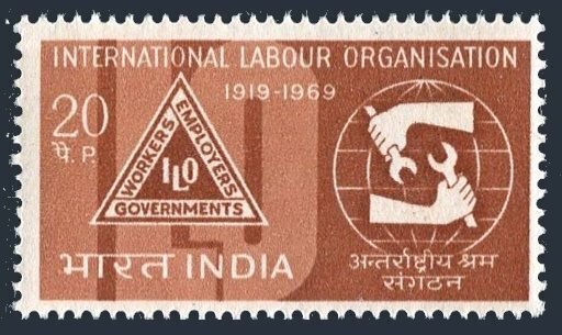 India 490 two stamps, MNH. Michel 474. ILO, 50th Ann. 1969.