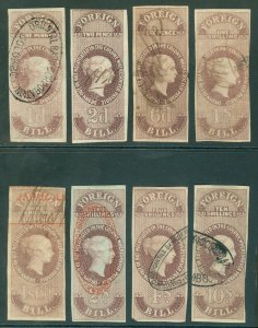 Ceylon 1862 Revenues foreign bill stamps. 1d, 2d, 6d, 1/-, 1/6, 2/-, 4/- &...