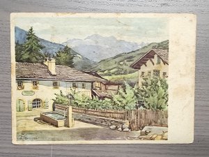 WW2 WWII Nazi German Third Reich color art sketch postcard w Adolf Hitler stamp